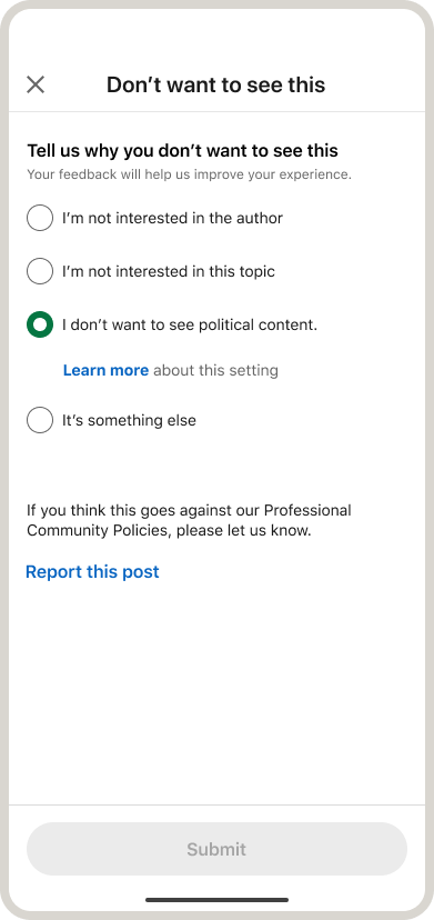 Political Content Feedback LinkedIn Feed
