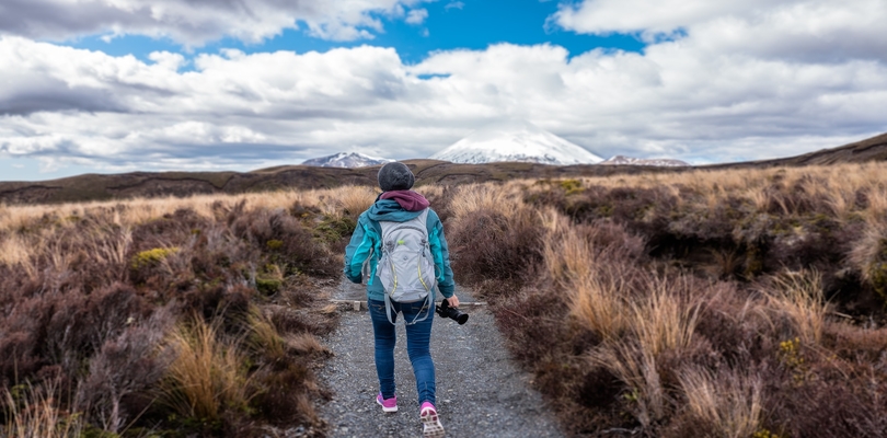 Person Hiking Toward Mountains