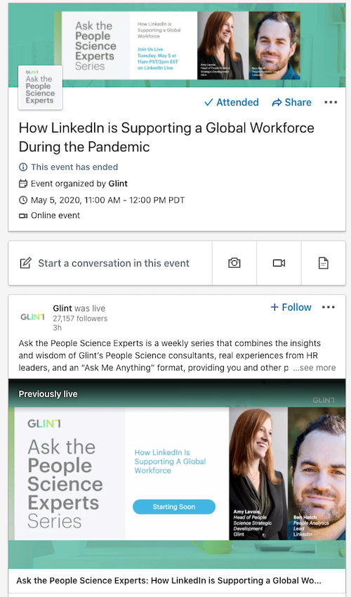 Glint is using Events to host a live Q&A series on people science & LTS is using Events to host a live Q&A series on talent acquisition in the time of coronavirus. 