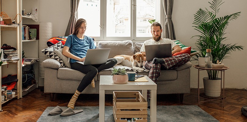 A couple sitting on a couch watching laptop in their PJ's with their dog