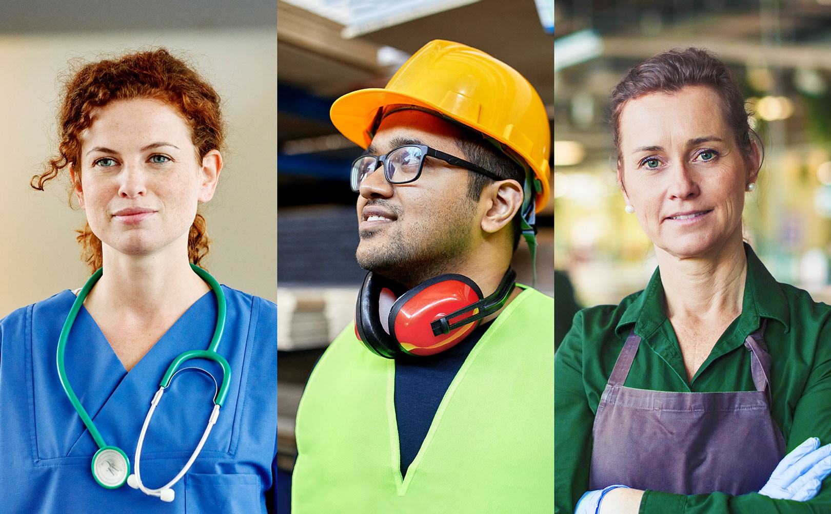 Tri-panel photo of medical professional, warehouse worker, and restaurant worker