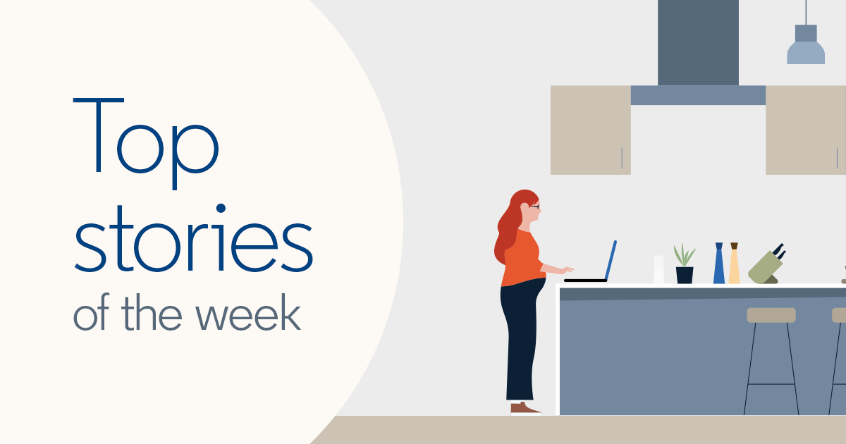 Illustration of woman working at laptop in kitchen with headline "Top stories of the week"