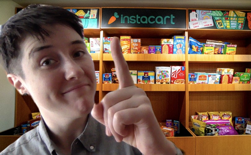 Screenshot of Instacart employee doing a video interview with a photo of company's snack wall behind them