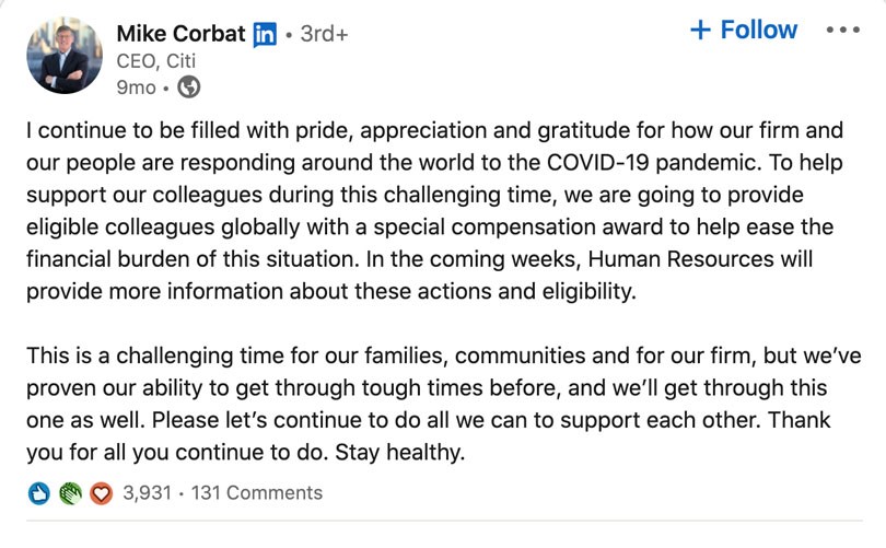 Screenshot of Mike Corbat, CEO of Citi, post on LinkedIn