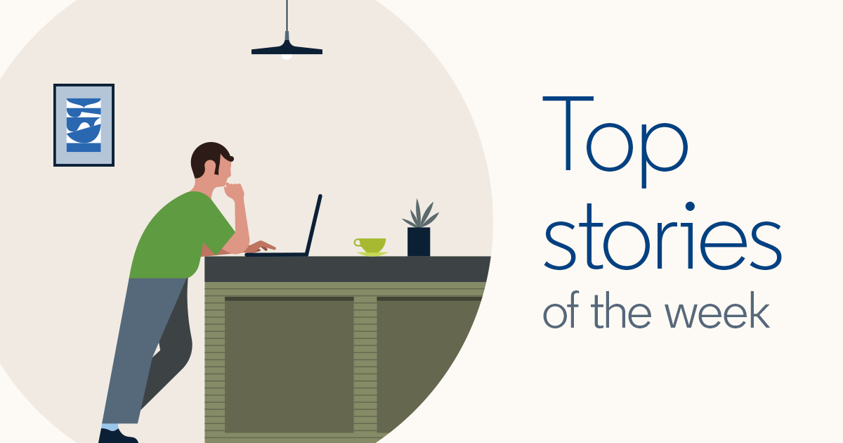 Illustration of man leaning against counter and working on laptop