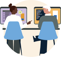 illustration of two people in conversation while working on their computers