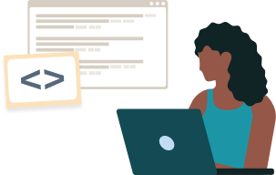 Illustration of an individual sitting with their laptop with a website on the side.