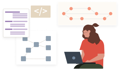 Illustration of an individual sitting with their laptop with several metrics in the background.
