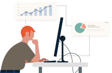 Illustration of an individual sitting at their desk in front of their computer with several metrics in the background.
