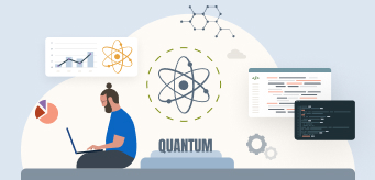 Illustration of an individual sitting with their laptop to the side of several data visualizations.