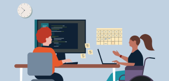 An illustration of two individuals working together at a desk.