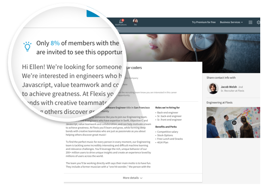 Esempio di un'offerta di lavoro personalizzata per un candidato su una pagina Carriera di LinkedIn.