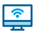 Icono de un monitor de ordenador azul y blanco con un símbolo de red en la pantalla.