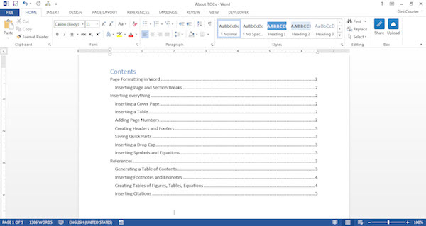 how to make a clickable table of contents in word