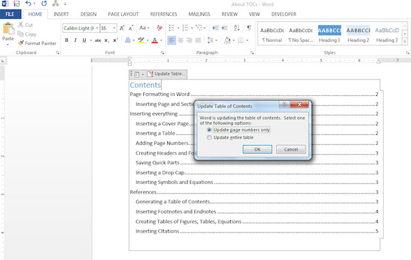 ms word build a table of contants