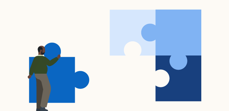 An illustration of a jigsaw puzzle with one piece missing. A figure is carrying the missing piece toward the puzzle.