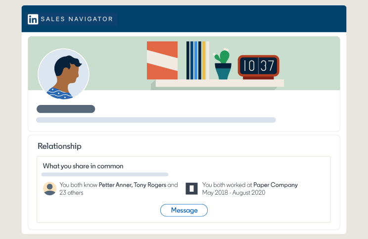 Illustration showing the Sales Navigator interface. The screen shows a fundraising prospect's LinkedIn profile and highlights what the user has in common with them, including mutual connections and a shared past employer.