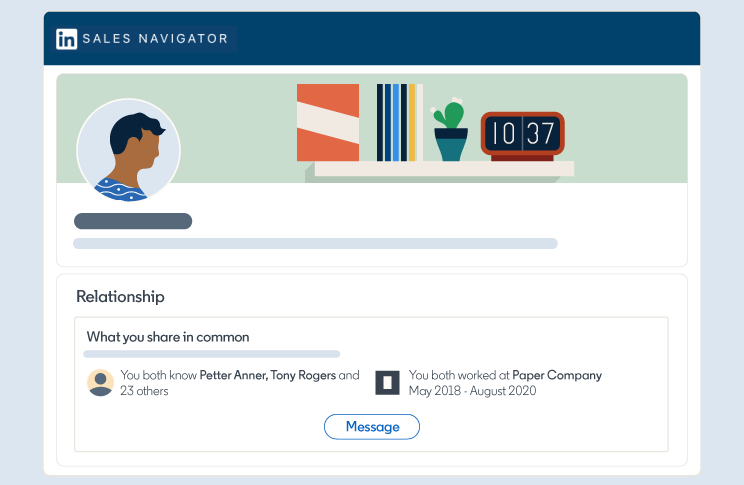 Illustration of the LinkedIn Sales Navigator dashboard showing a prospect's profile and information about what the user shares in common with them, including mutual connections and a shared past employer.