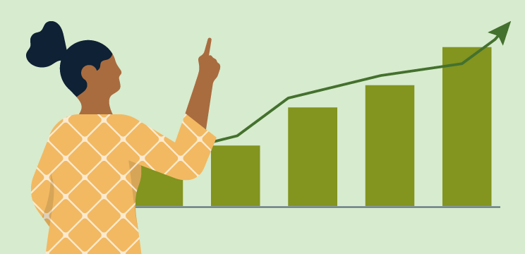 An illustration of a person pointing to a bar chart that show steady growth
