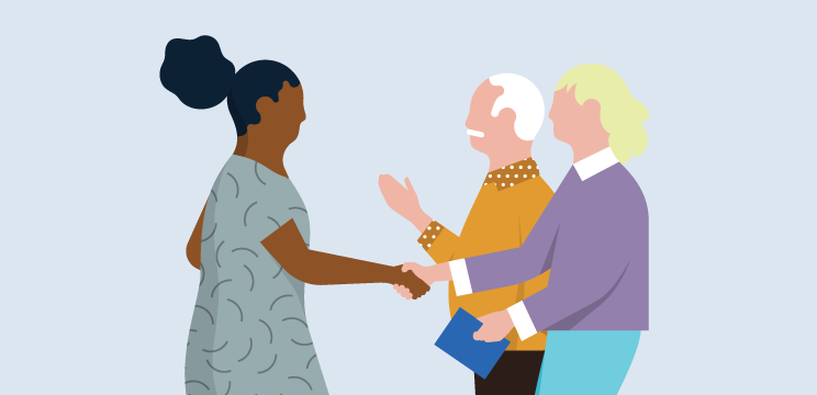 Illustration of a person introducing two professionals, who are shaking hands.