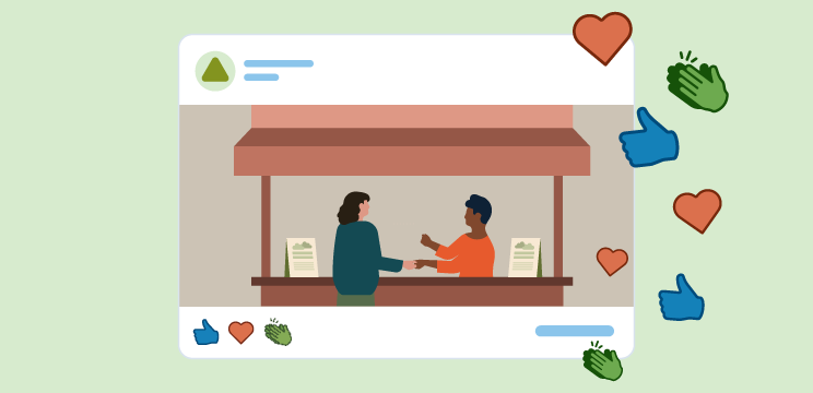 LinkedIn post featuring an illustration of a volunteer speaking with a member of the public at an information booth. Heart, celebrate, and like emojis are rising up from the post.