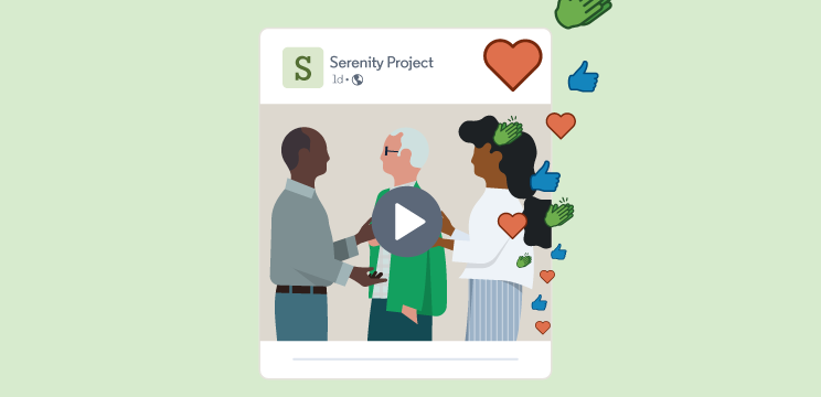 Illustration of a LinkedIn post from a nonprofit surrounded by positive reaction emojis. The post shows a paused video of three people talking.