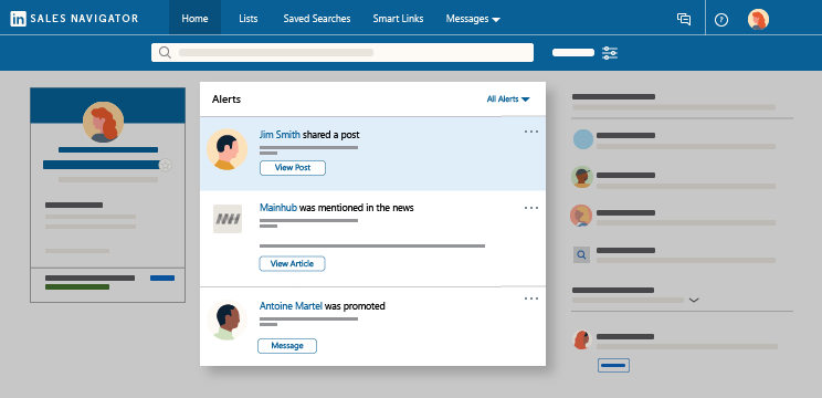 A simplified view of the Sales Navigator alerts dashboard. The alerts show that one lead shared a post, another was promoted, and a saved account was mentioned in the news.
