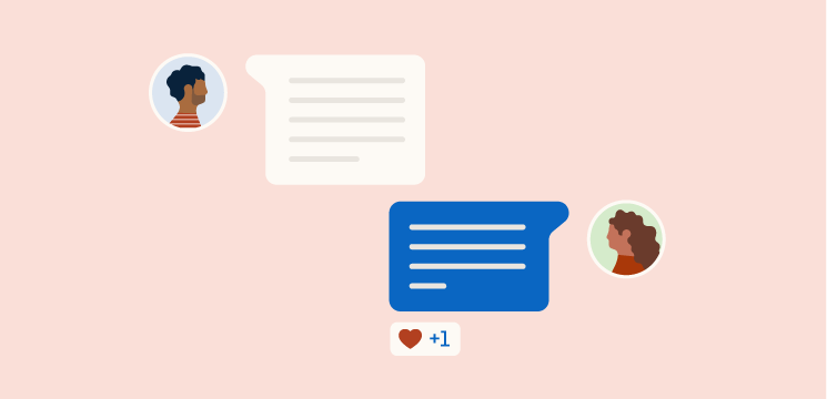 Illustration showing a simplified LinkedIn InMail conversation between two members. The most recent message has been hearted by the other person.