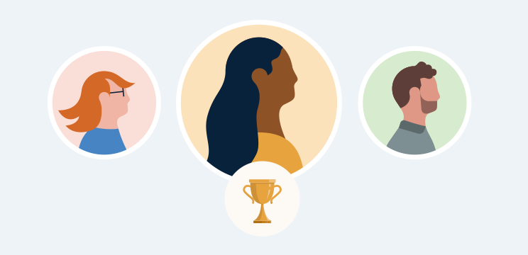 Illustration of three LinkedIn profile pictures. Under the middle picture is a trophy.