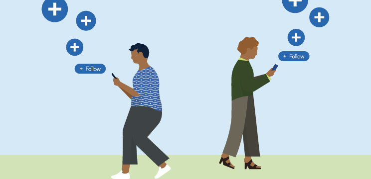 Illustration of two people using their phones to follow LinkedIn Pages