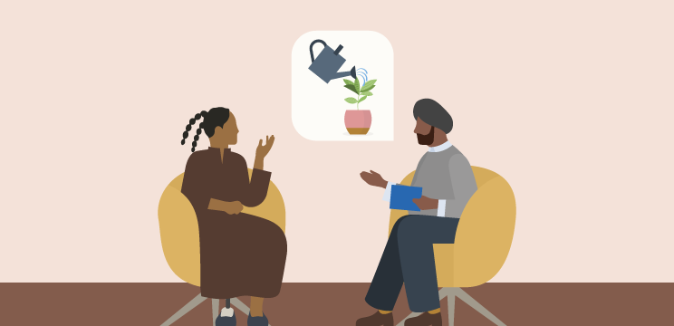An illustration of two people seated opposite one another having a conversation. A speech bubble above their heads shows an image of a growing plant being watered.