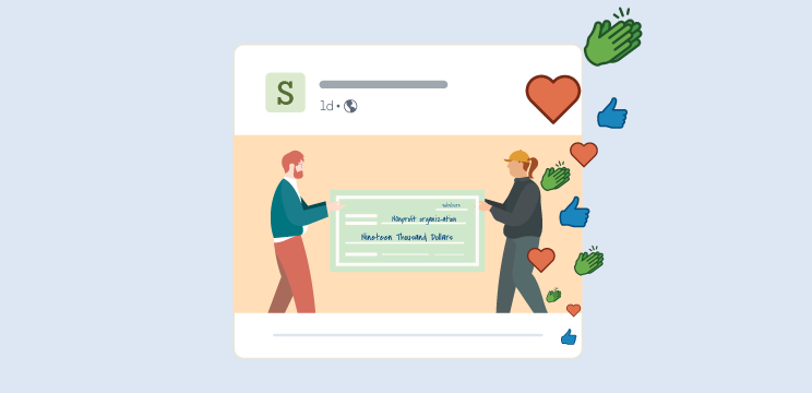 Illustration of a LinkedIn post from a nonprofit that includes a photo of a person being handed a large check addressed to their organization. The post is surrounded by positive reaction emojis.