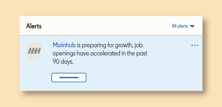 An alert in LinkedIn Sales Navigator. The alert shows that a tracked account is preparing for growth, job openings have accelerated in the past 90 days.