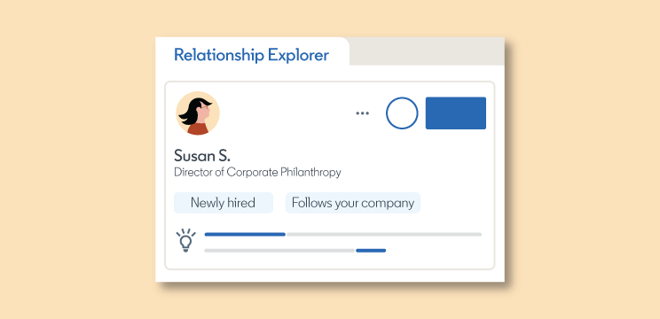 A simplified view of the Relationship Explorer feature in Sales Navigator, which shows an decision maker within an account who is likely a good path in because she is newly hired and follows your organization on LinkedIn.