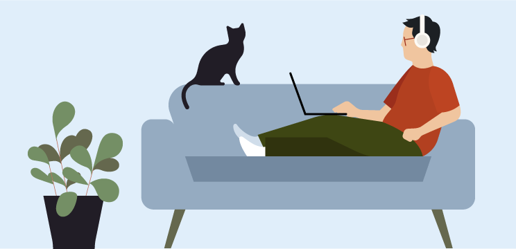 Illustration of a person relaxing on their sofa while watching something on their laptop. A cat sits beside them on the sofa.