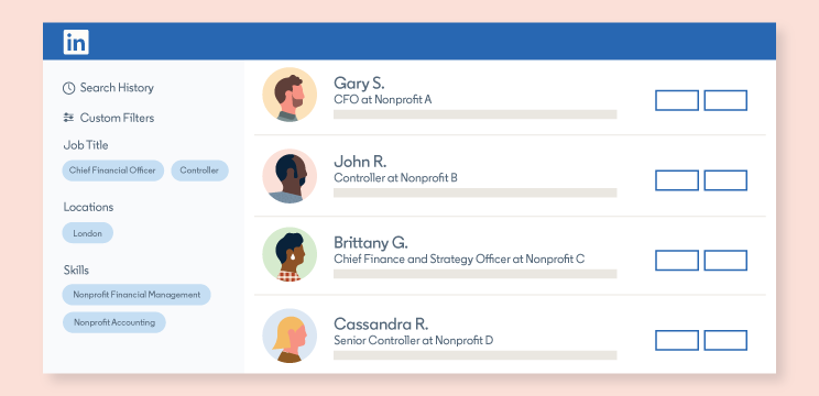 A simplified look at a search in LinkedIn Recruiter showing a list of nonprofit professionals who match the job title and skills that the user has searched for.