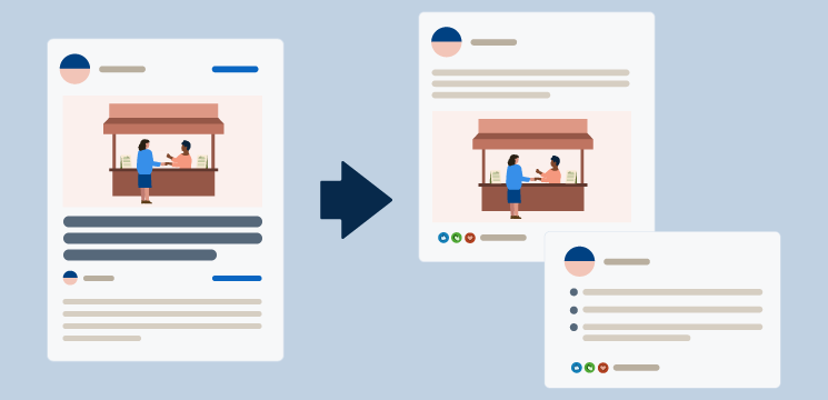 Illustration showing a LinkedIn article from a nonprofit that has been repurposed into two different LinkedIn posts..