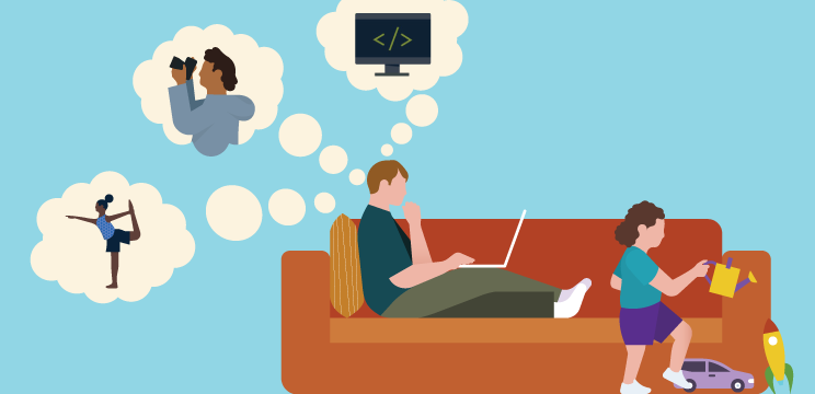 Illustration of an employee sitting comfortably on a couch looking thoughtfully at their laptop while their child plays nearby. Above the employee's head are three thought bubbles showing some course options they're considering, including ones on yoga, photography, and coding.