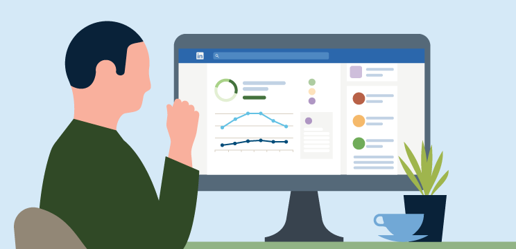 Illustration of a person looking thoughtfully at their analytics tab on LinkedIn, which shows various graphs.