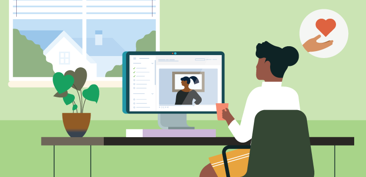 Illustration of a person watching a LinkedIn Learning video at their desk. Above their head is an illustration of an outstretched hand with a heart over it.