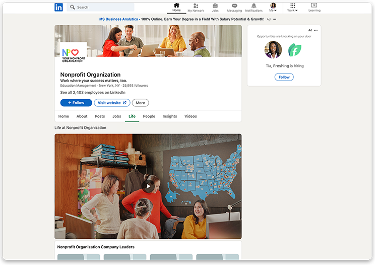 An image of a nonprofit's LinkedIn Career Page, showcasing their culture to candidates.