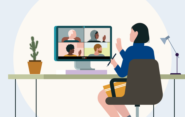 An illustration of a woman sitting at a desk and waving while on a video call.