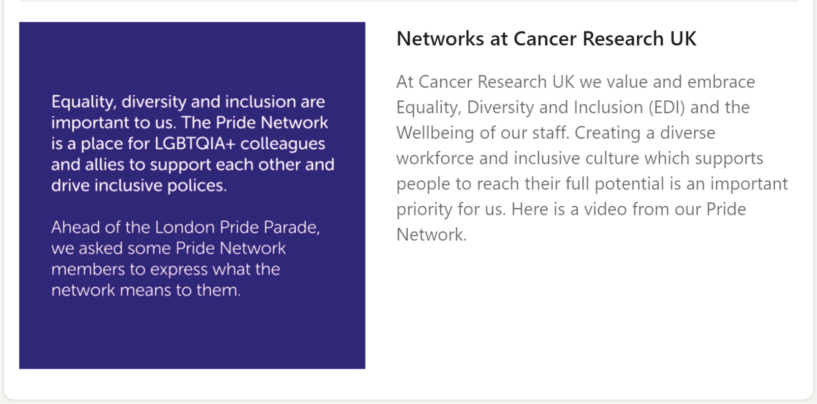 The Networks at Cancer Research UK section of the organization's Career Page, featuring a video from CRUK's Pride Network.