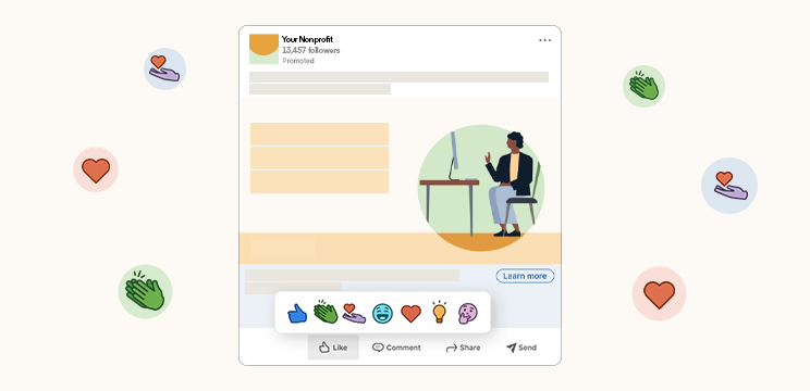 Image showing a LinkedIn ad from a nonprofit, surrounded by positive reaction emojis from supporters.