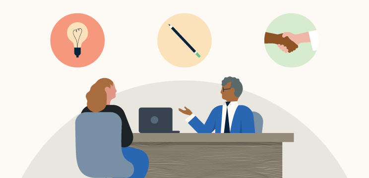 Illustration of an interviewer and interviewee sitting across from each other at a desk. Above their heads, three circles show a lightbulb, a pencil, and a handshake, representing different skills that the interviewee is discussing.