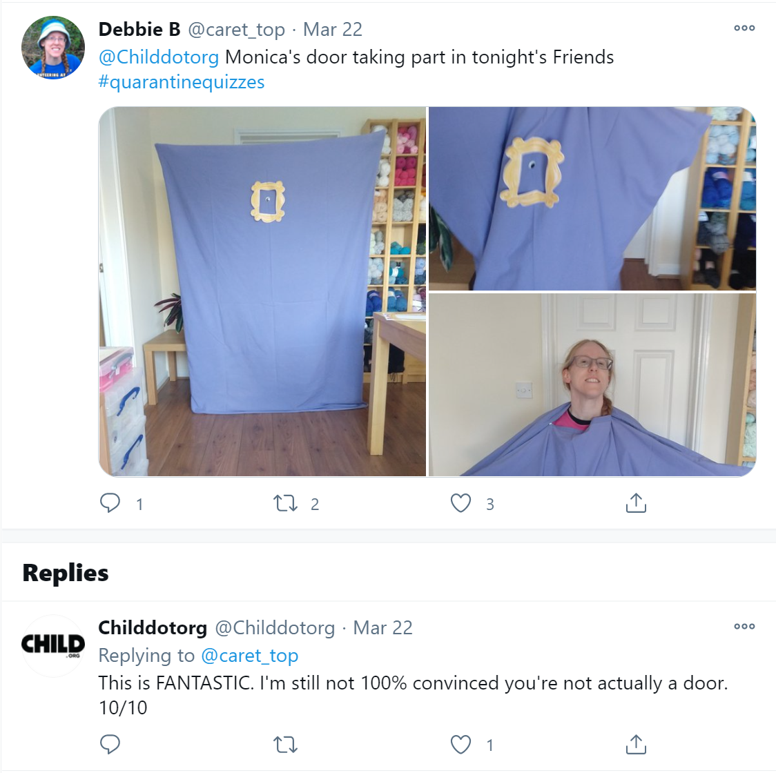 The nonprofit Child.org responds on Twitter to a supporter who has dressed up for one of its virtual fundraising events.
