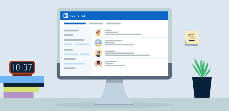 Illustration of a computer monitor on a desk displaying several candidate profiles in LinkedIn Recruiter.