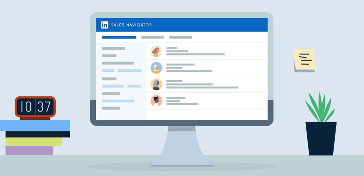 Illustration of a computer monitor showing a LinkedIn Sales Navigator dashboard featuring a list of prospective donors' LinkedIn profiles.
